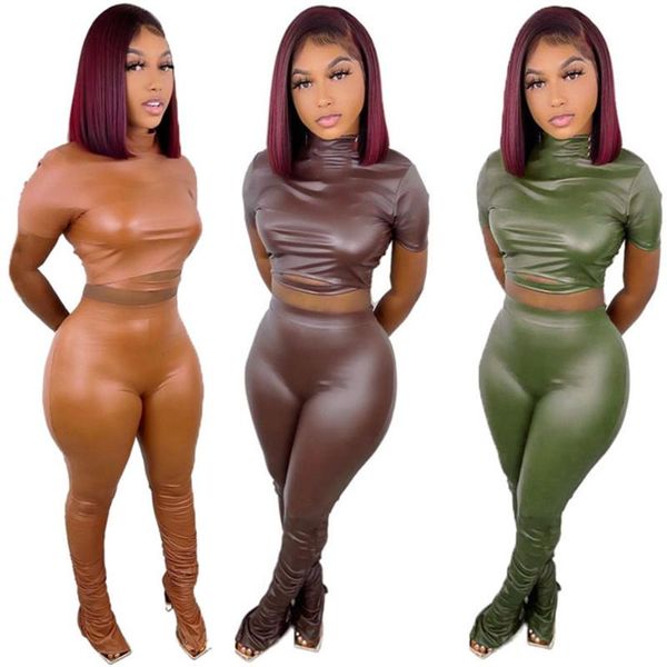 women's two piece pants wuhe pu leather two-piece suits o-neck short sleeve crop high waist skinny stacked nightclub party sets, White
women's two piece pants wuhe pu leather two-piece suits o-neck short sleeve crop high waist skinny stacked nightclub party sets, White