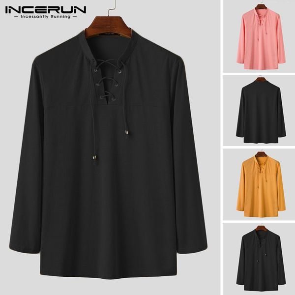 men solid color shirt lace up streetwear long sleeve casual vintage blouse autumn 2021 v neck leisure camisa masculina men's shirts, White;black
men solid color shirt lace up streetwear long sleeve casual vintage blouse autumn 2021 v neck leisure camisa masculina men's shirts, White;black