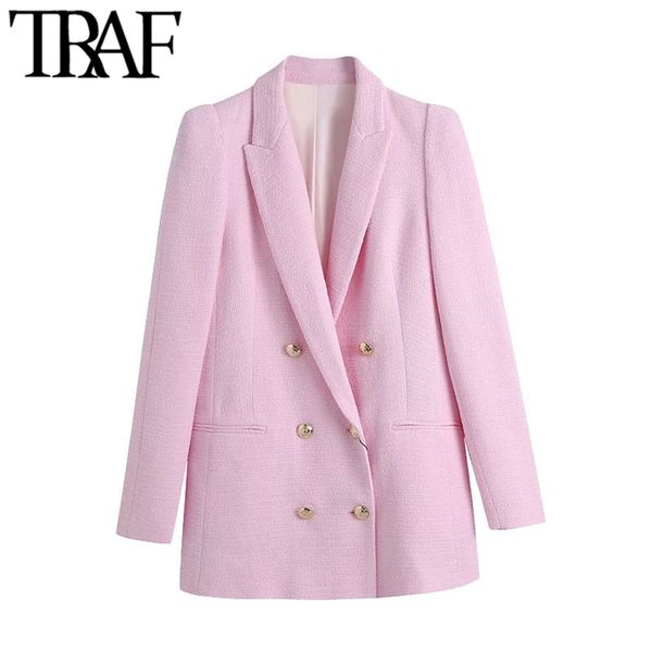 women fashion double breasted tweed blazer coat vintage long sleeve shoulder pads female outerwear chic veste 210507, White;black
women fashion double breasted tweed blazer coat vintage long sleeve shoulder pads female outerwear chic veste 210507, White;black