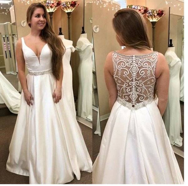 2021 beach wedding dresses satin v neck crystal straps beaded illusion embroidery bride dress wedding gown vestido de noiva, White
2021 beach wedding dresses satin v neck crystal straps beaded illusion embroidery bride dress wedding gown vestido de noiva, White