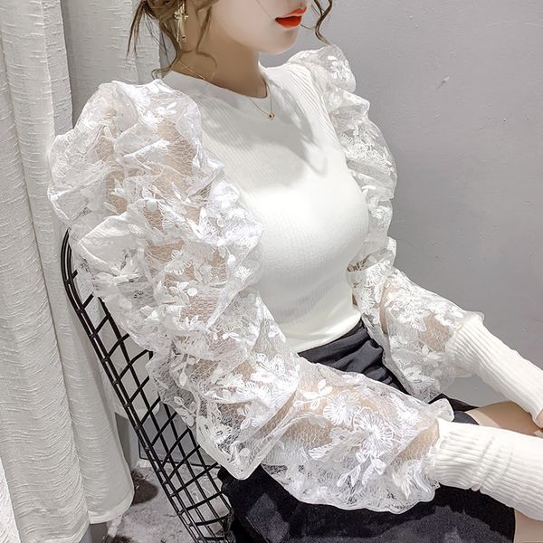 design see-through lace patchwork knit shirt elegant women ribbed knitted slim blouse crop autumn puff long sleeve blus, White
design see-through lace patchwork knit shirt elegant women ribbed knitted slim blouse crop autumn puff long sleeve blus, White