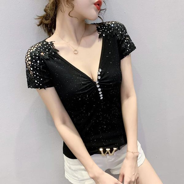 women's t-shirt summer korean clothes chic patchwork embroidery diamods button hollow out women ropa mujer shirt tees t06202, White
women's t-shirt summer korean clothes chic patchwork embroidery diamods button hollow out women ropa mujer shirt tees t06202, White