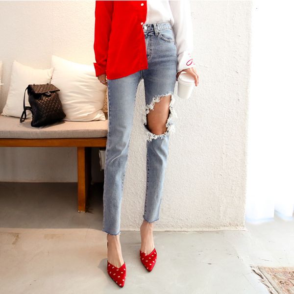 pengpious high waist women fashion jeans with big hole at knee super elastic crooped denim pants, Blue
pengpious high waist women fashion jeans with big hole at knee super elastic crooped denim pants, Blue