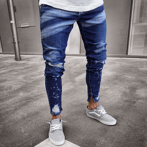 men's jeans ripped men slim knee hole print stretch skinny distressed hombre fashion ankle zipper denim pencil pants streetwear on6m, Blue
men's jeans ripped men slim knee hole print stretch skinny distressed hombre fashion ankle zipper denim pencil pants streetwear on6m, Blue