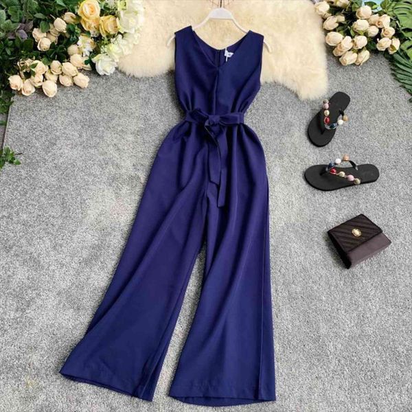 sleeveless chiffon beach wear women jumpsuits wide leg pants solid v neck slim waist rompers elegant long, Black;white 
sleeveless chiffon beach wear women jumpsuits wide leg pants solid v neck slim waist rompers elegant long, Black;white