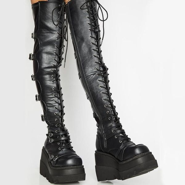 boots brand design female high platform thigh fashion buckle punk heels women cosplay wedges shoes for woman, Black
boots brand design female high platform thigh fashion buckle punk heels women cosplay wedges shoes for woman, Black