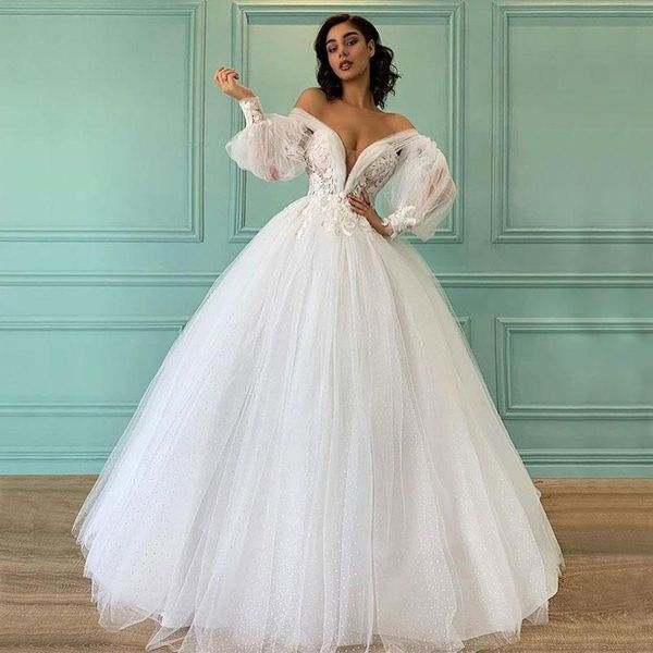 off shoulder long sleeves ball gown wedding dresses with appliques sweep train lace-up back tulle plus size bridal gowns, White
off shoulder long sleeves ball gown wedding dresses with appliques sweep train lace-up back tulle plus size bridal gowns, White