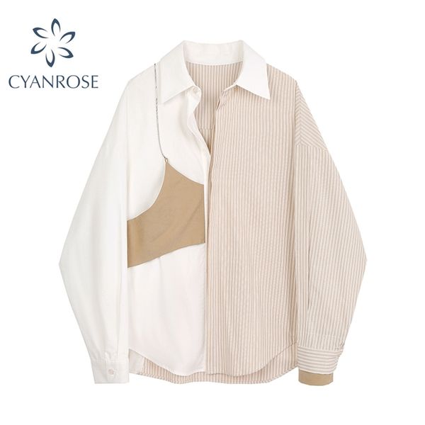 patchwork striped women shirt spring turn down long sleeve fashion casual loose designer streetwear female blouse 210430, White 
patchwork striped women shirt spring turn down long sleeve fashion casual loose designer streetwear female blouse 210430, White