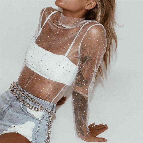 women's t-shirt women sheer transparent blouse long sleeve mesh nightclub clothing see-through shirt blouses, White
women's t-shirt women sheer transparent blouse long sleeve mesh nightclub clothing see-through shirt blouses, White