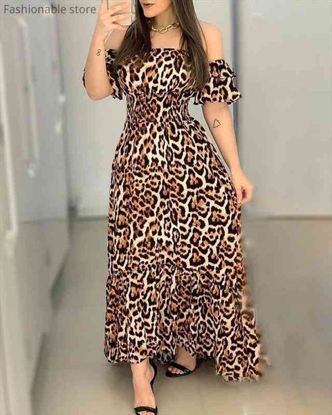 women summer off shoulder leopard print long dress casual shirring design ruffle maxi dress, Black;gray
women summer off shoulder leopard print long dress casual shirring design ruffle maxi dress, Black;gray