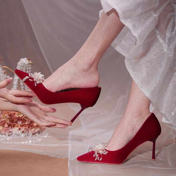 wedding sandals shoes 2021 new bride stiletto heel suede red formal dress banquet, Black
