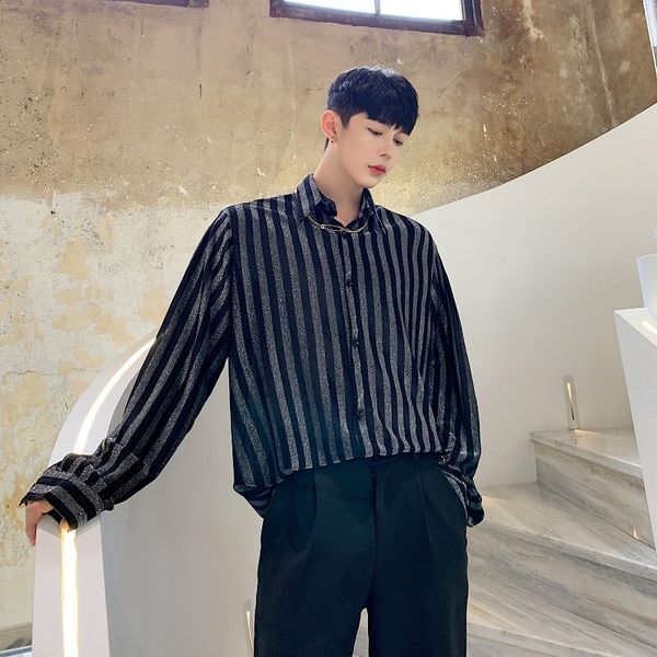 men's casual shirts men long sleeve silver wire shining loose striped male streetwear hip hop party dress stage show clothing 0z2w, White;black
men's casual shirts men long sleeve silver wire shining loose striped male streetwear hip hop party dress stage show clothing 0z2w, White;black