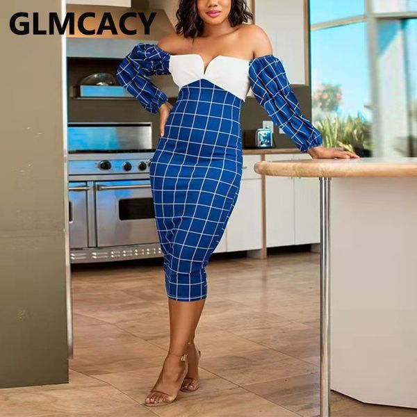 women long sleeve off shoulder plaid dress slim classy ladies midi dresses 210702, Black;gray 
women long sleeve off shoulder plaid dress slim classy ladies midi dresses 210702, Black;gray