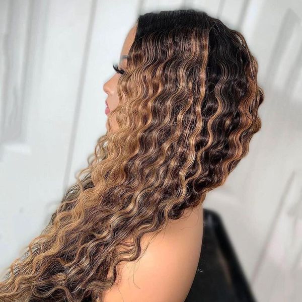 deep wave wig ombre color l1b/27 human hair wigs 150% lace front pre plucked bleached knots remy brazilian, Black;brown