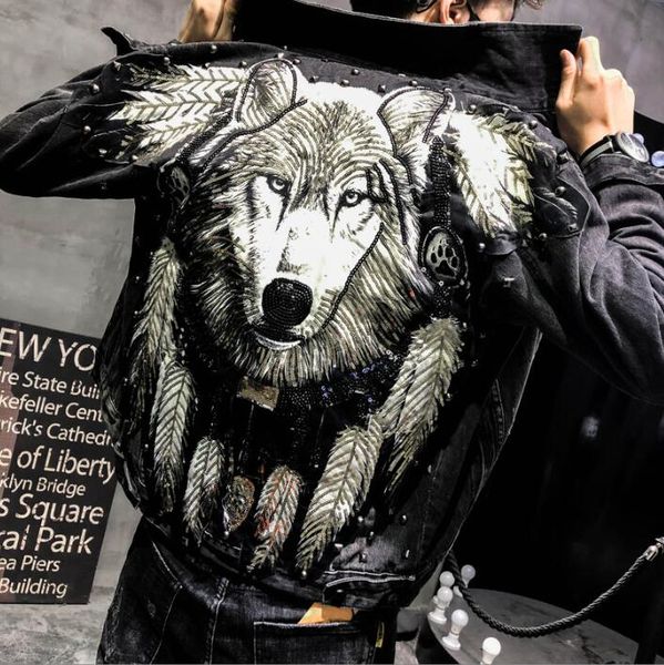 men's jackets punk style novel wolf embroidered rivet denim jacket men coat streetwear slim jeans for male hip hop high street, Black;brown
men's jackets punk style novel wolf embroidered rivet denim jacket men coat streetwear slim jeans for male hip hop high street, Black;brown