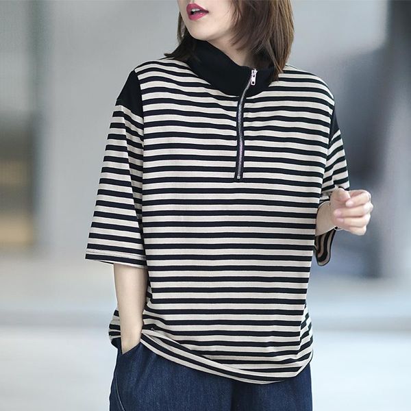 summer t-shirt women fashion loose casual stand zipper striped short sleeve women's, White
summer t-shirt women fashion loose casual stand zipper striped short sleeve women's, White