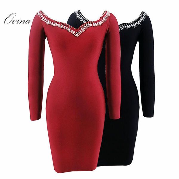casual dresses red black women slash neck beading rayon bandage dress, Black;gray