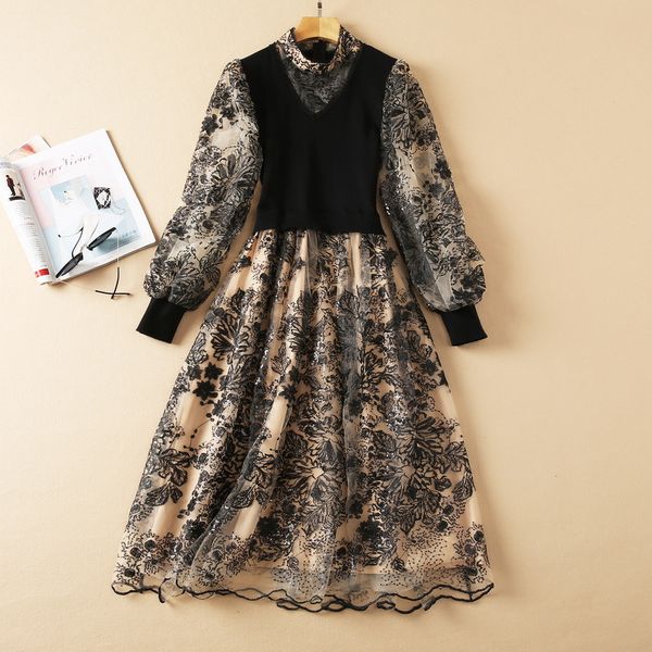 2021 fall autumn long sleeve stand collar black tulle knitted floral embroidery sequins panelled mid-calf dress elegant casual dresses 21o11, Black;gray
2021 fall autumn long sleeve stand collar black tulle knitted floral embroidery sequins panelled mid-calf dress elegant casual dresses 21o11, Black;gray