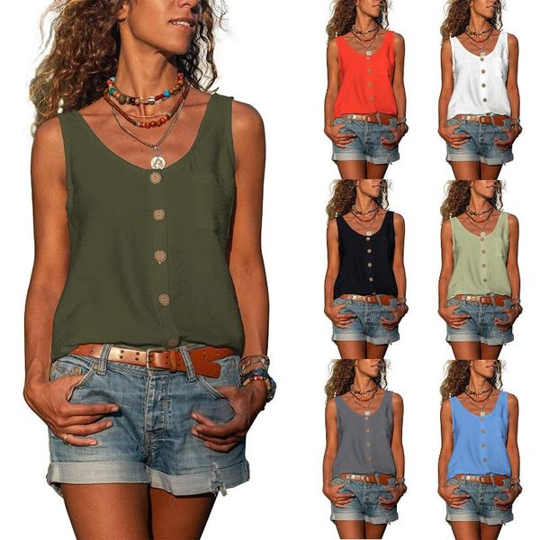 summer women's t-shirt solid color and v-neck button vest casual loose sleeveless pocket shirt women, White
summer women's t-shirt solid color and v-neck button vest casual loose sleeveless pocket shirt women, White