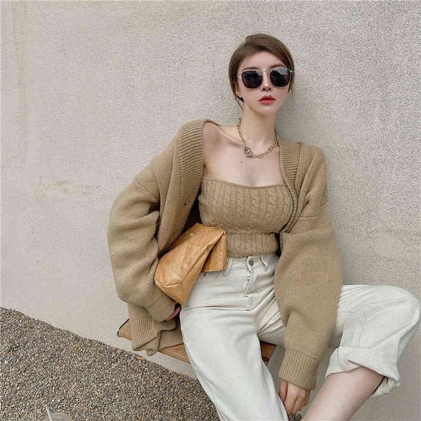 two piece dress spring sweater cardigan 2-piece suit temperament lazy loose all-match + chest wrapped women xfhk, White
two piece dress spring sweater cardigan 2-piece suit temperament lazy loose all-match + chest wrapped women xfhk, White