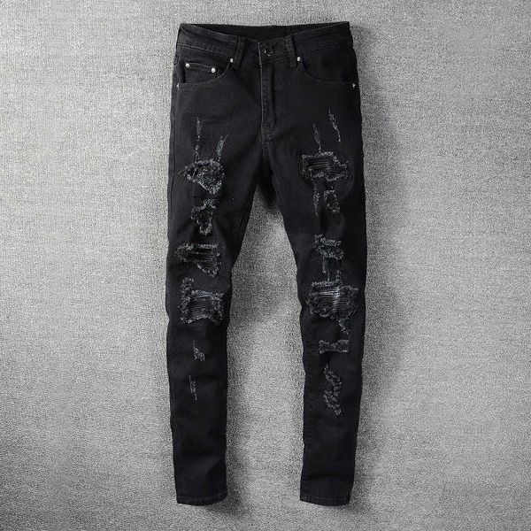 men's jeans american street style fashion black elastic slim fit punk ripped for patches designer hip hop denim pants loc4, Blue
men's jeans american street style fashion black elastic slim fit punk ripped for patches designer hip hop denim pants loc4, Blue