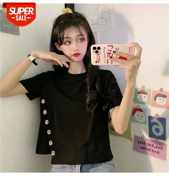 net red design sense waist short-sleeved t-shirt women short side buttons black tight tide #bi1z, White
net red design sense waist short-sleeved t-shirt women short side buttons black tight tide #bi1z, White
