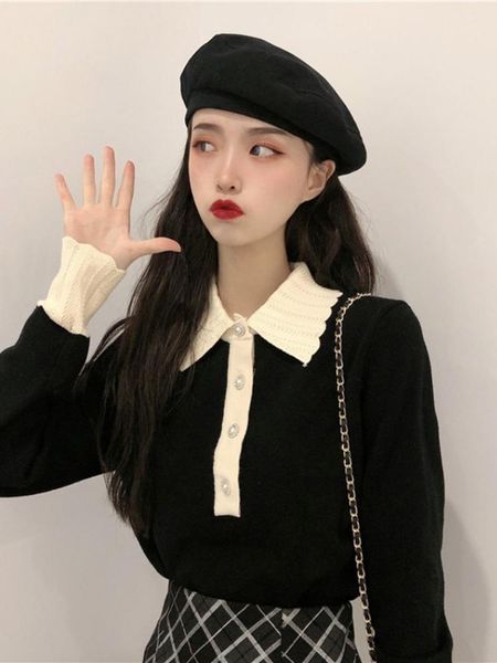women's sweaters fall 2021 baby collar sweet versatile long sleeve bottomed t-shirt gentle wind sweater loose top, White;black
women's sweaters fall 2021 baby collar sweet versatile long sleeve bottomed t-shirt gentle wind sweater loose top, White;black