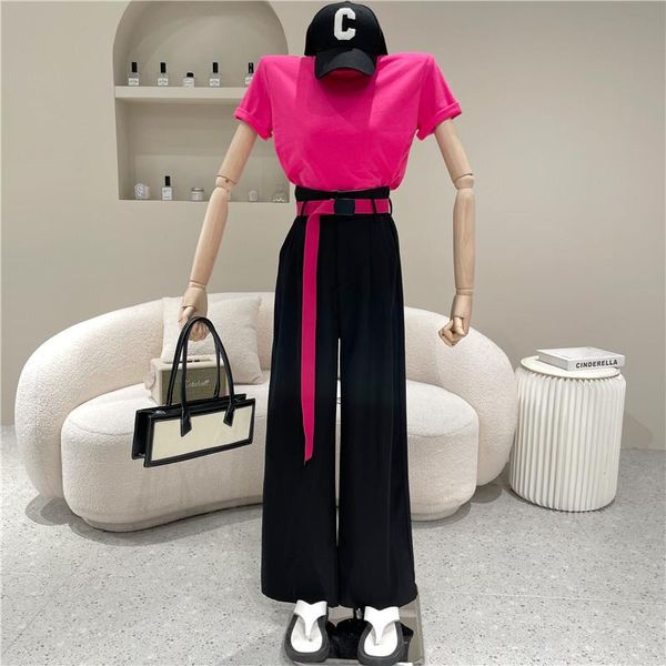 women's two piece pants clothing summer 2021 loose short sleeve t-shirt + retro black suit set, White
women's two piece pants clothing summer 2021 loose short sleeve t-shirt + retro black suit set, White