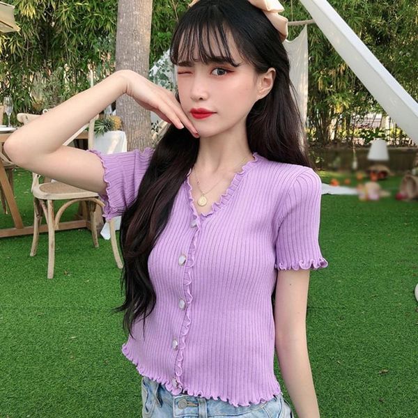 women's t-shirt summer knitted short-sleeved cardigan fashion solid v-neck button hollow exposed navel top, White
women's t-shirt summer knitted short-sleeved cardigan fashion solid v-neck button hollow exposed navel top, White