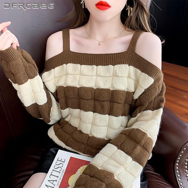 women's sweaters off shoulder striped women winter 2021 loose vintage long sleeve knitted pullover, White;black
women's sweaters off shoulder striped women winter 2021 loose vintage long sleeve knitted pullover, White;black