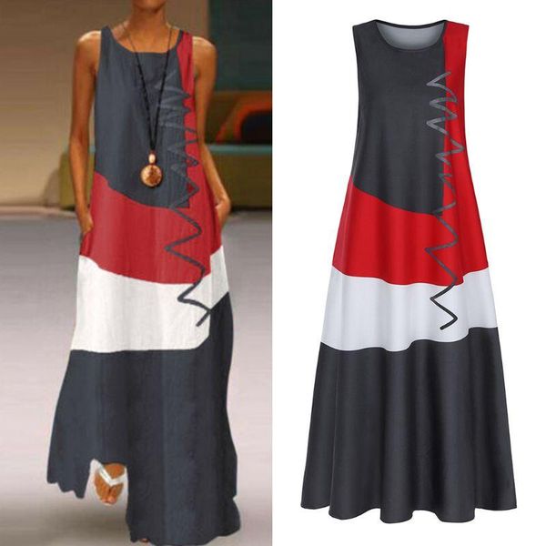 women sleeveless o-neck maxi tank dress color block wavy stripe loose sundress casual dresses, Black;gray
women sleeveless o-neck maxi tank dress color block wavy stripe loose sundress casual dresses, Black;gray