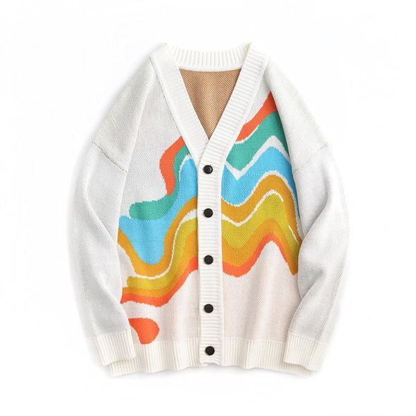 men's sweaters 2021 spring loose rainbow color-blocking v-neck knitted cardigan youth outer wear casual sweater, White;black
men's sweaters 2021 spring loose rainbow color-blocking v-neck knitted cardigan youth outer wear casual sweater, White;black