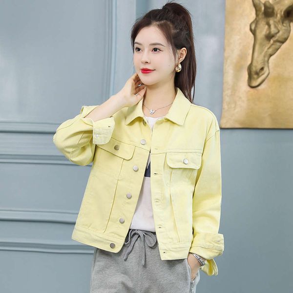 cream yellow denim coat women's loose in autumn, Black;brown 
cream yellow denim coat women's loose in autumn, Black;brown