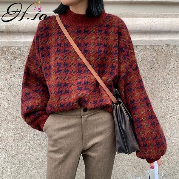 h.sa winter women's clothing retro red plaid pullovers oneck lantern sleeve oversized chic sweater spring pull 210417, White;black
h.sa winter women's clothing retro red plaid pullovers oneck lantern sleeve oversized chic sweater spring pull 210417, White;black