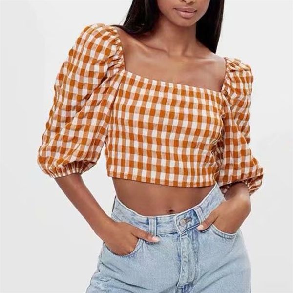 women summer plaid short blouses shirts slash neck puff sleeve elastic bust female fashion street sweet tunic blusas 210513, White
women summer plaid short blouses shirts slash neck puff sleeve elastic bust female fashion street sweet tunic blusas 210513, White