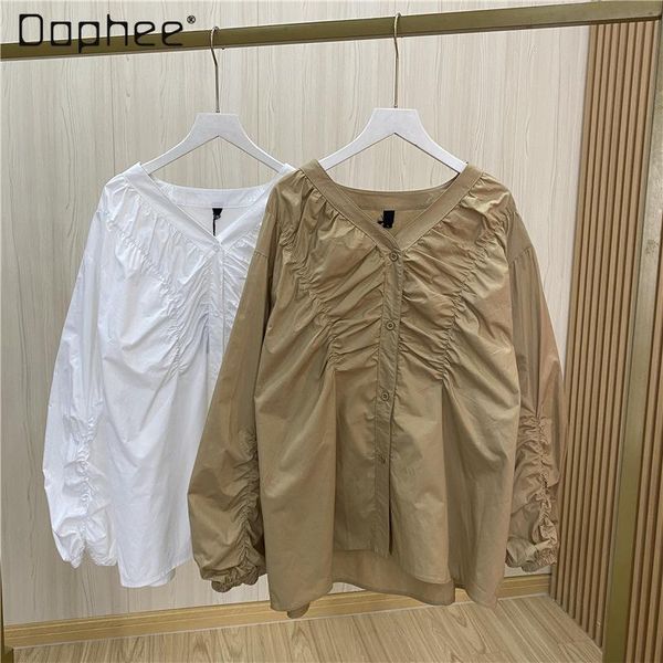 women's blouses & shirts 2021 spring ins korean v-neck pleated cotton long sleeve shirt loose slimming casual blouse, White
women's blouses & shirts 2021 spring ins korean v-neck pleated cotton long sleeve shirt loose slimming casual blouse, White
