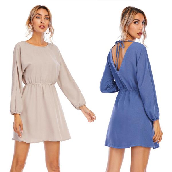 casual dresses long sleeve women backless slim a-line mini dress autumn o-neck lace up solid blue ladies party vestidos, Black;gray