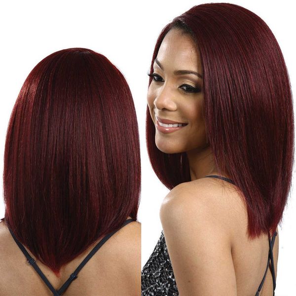 wig female wig wine red medium short straight hair chemical fiber headgear, Black