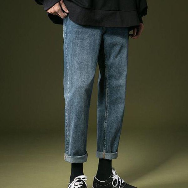 men's jeans fall straight-tube loose plus cashmere casual pants trend slim nine-foot, Blue