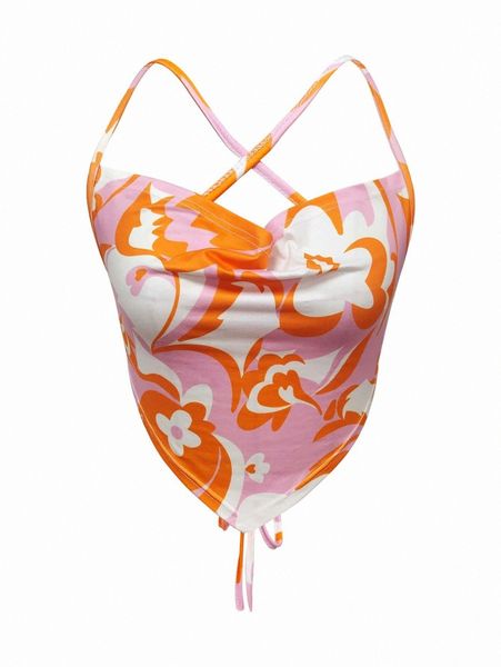 floral print lace up tied backless bandana crop h6j2#, White