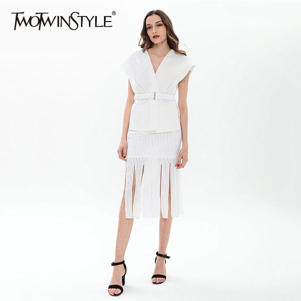 twotwinstyle elegant tassel two piece sets women sleeveless lace up shirt female high waist skirt set fashion clothes 210517, White
twotwinstyle elegant tassel two piece sets women sleeveless lace up shirt female high waist skirt set fashion clothes 210517, White