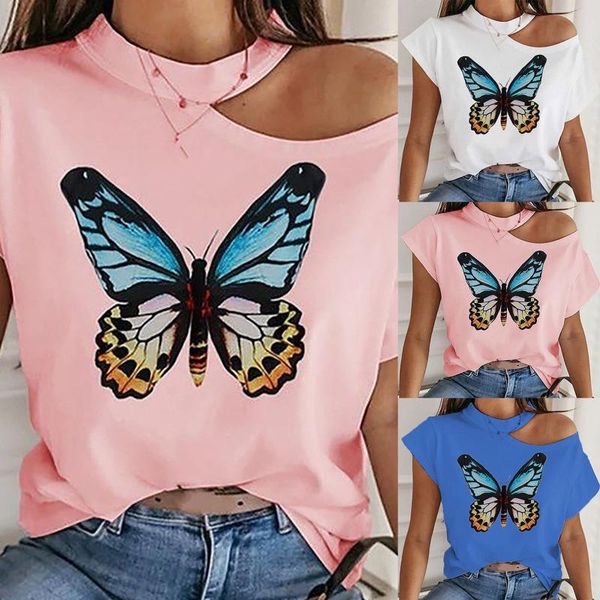 women skew neck t-shirt summer irregular cross short sleeves off shoulder butterfly print femme one shirt women's, White
women skew neck t-shirt summer irregular cross short sleeves off shoulder butterfly print femme one shirt women's, White