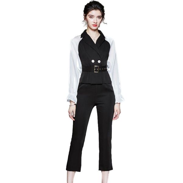women's two piece pants set tracksuit women spring autumn elegant fashion office lady clothes splicing long sleeve and black suits, White
women's two piece pants set tracksuit women spring autumn elegant fashion office lady clothes splicing long sleeve and black suits, White