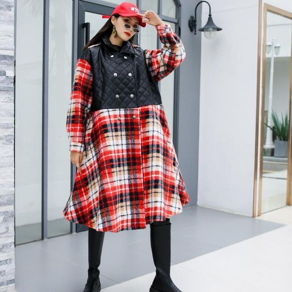 women's wool & blends light luxury style fake two-piece plaid coat women 2021 mid-length large size over the knee pu stitching woolen j, Black
women's wool & blends light luxury style fake two-piece plaid coat women 2021 mid-length large size over the knee pu stitching woolen j, Black