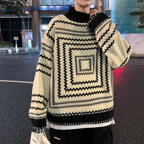 men's sweaters half high neck pullover sweater spring and autumn harajuku style loose striped ins retro street, White;black
men's sweaters half high neck pullover sweater spring and autumn harajuku style loose striped ins retro street, White;black