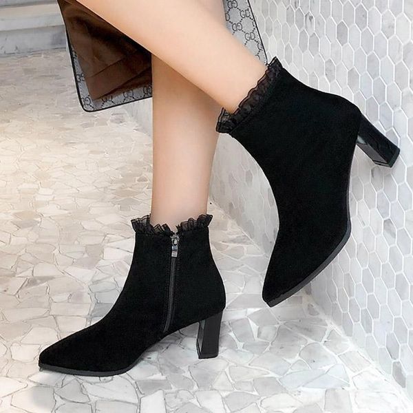 boots women ruffles ankle high heels dress shoes flock pointed toe booties lace pumps 2021 winter autumn botas mujer black 8735c
boots women ruffles ankle high heels dress shoes flock pointed toe booties lace pumps 2021 winter autumn botas mujer black 8735c