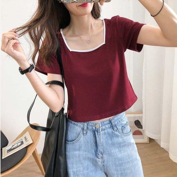 women's t-shirt summer korean loose and thin short retro square neck contrast thread isn net red open navel sleeve top, White
women's t-shirt summer korean loose and thin short retro square neck contrast thread isn net red open navel sleeve top, White