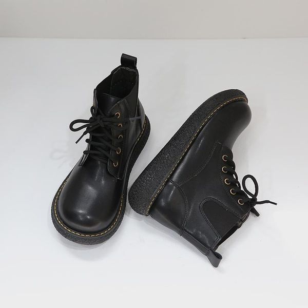 boots japanese retro leather round toe lace-up thick-soled ladies fashion temperament short-tube single ., Black