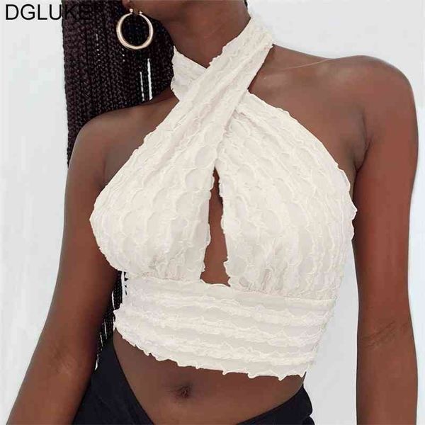 cross halter crop women sleeveless backless cami hollow out bralette for women summer 210623, White