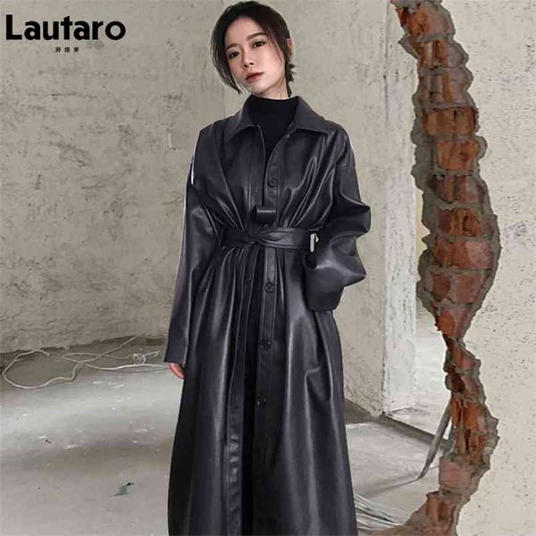 lautaro autumn long black cool pu leather trench coat for women belt single breasted loose korean fashion wholesale clothes 210923
lautaro autumn long black cool pu leather trench coat for women belt single breasted loose korean fashion wholesale clothes 210923